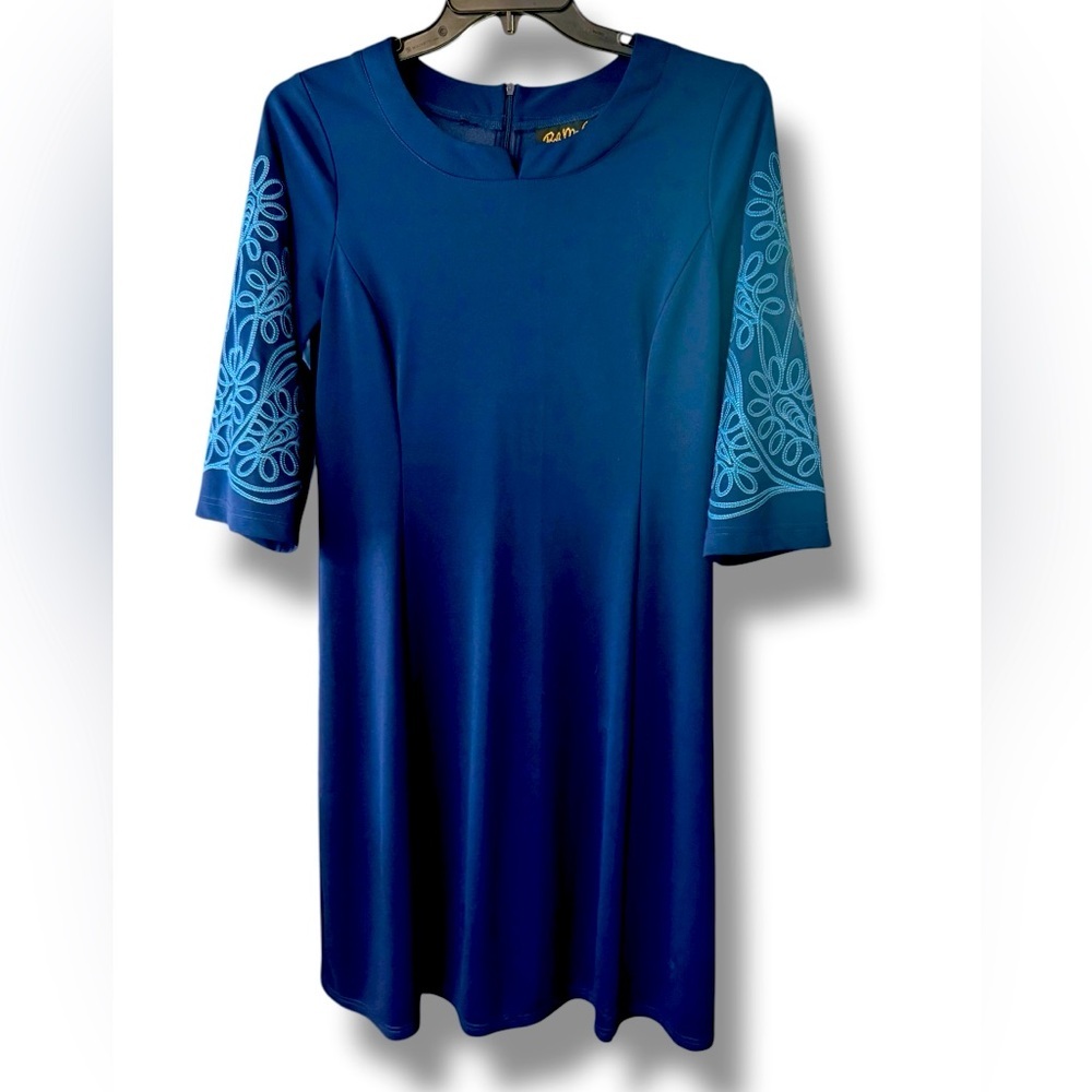 Bob Mackie Wearable Art Dress Blue Embroidered Floral Y-Neck Dress Sz M EUC